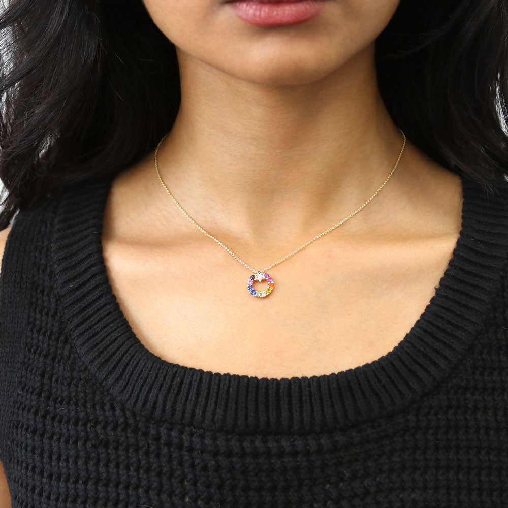 Model wearing Wreath Multi Color CZ Pendant Necklace in Gold Flashed Sterling Silver