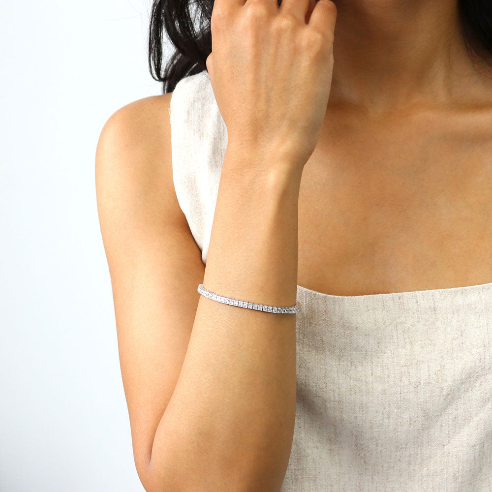 Model wearing Bar Princess CZ Statement Tennis Bracelet in Sterling Silver