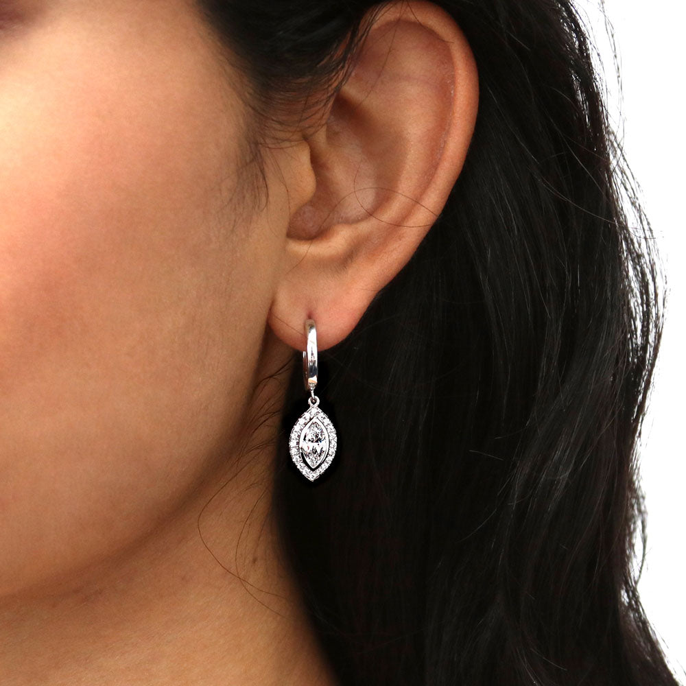 Model wearing Halo Marquise CZ Dangle Earrings in Sterling Silver