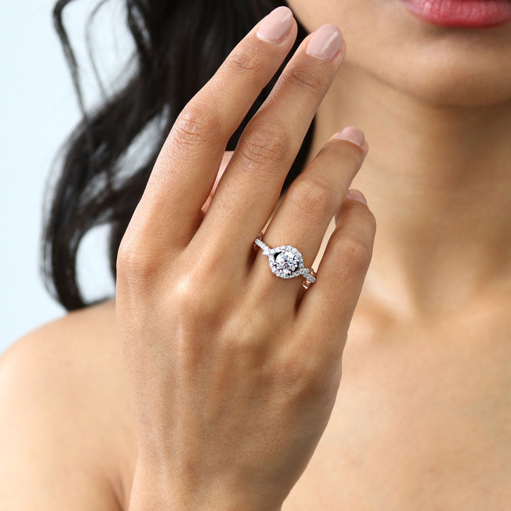 Model wearing Woven Halo CZ Ring in Sterling Silver