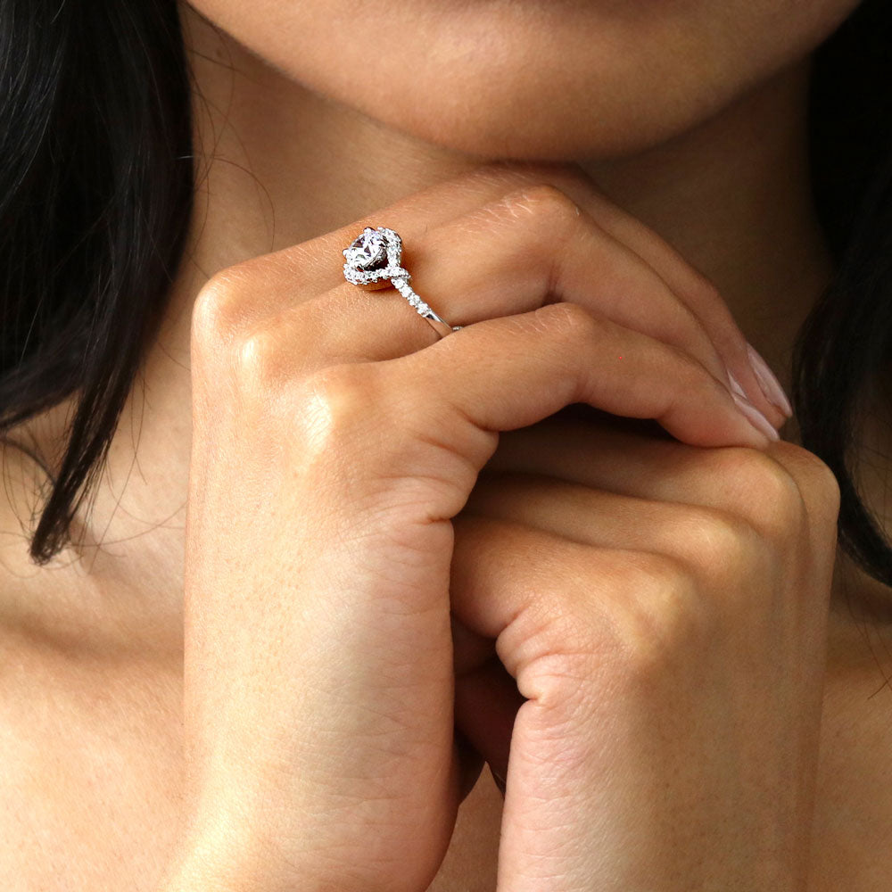 Model wearing Woven Halo CZ Ring in Sterling Silver