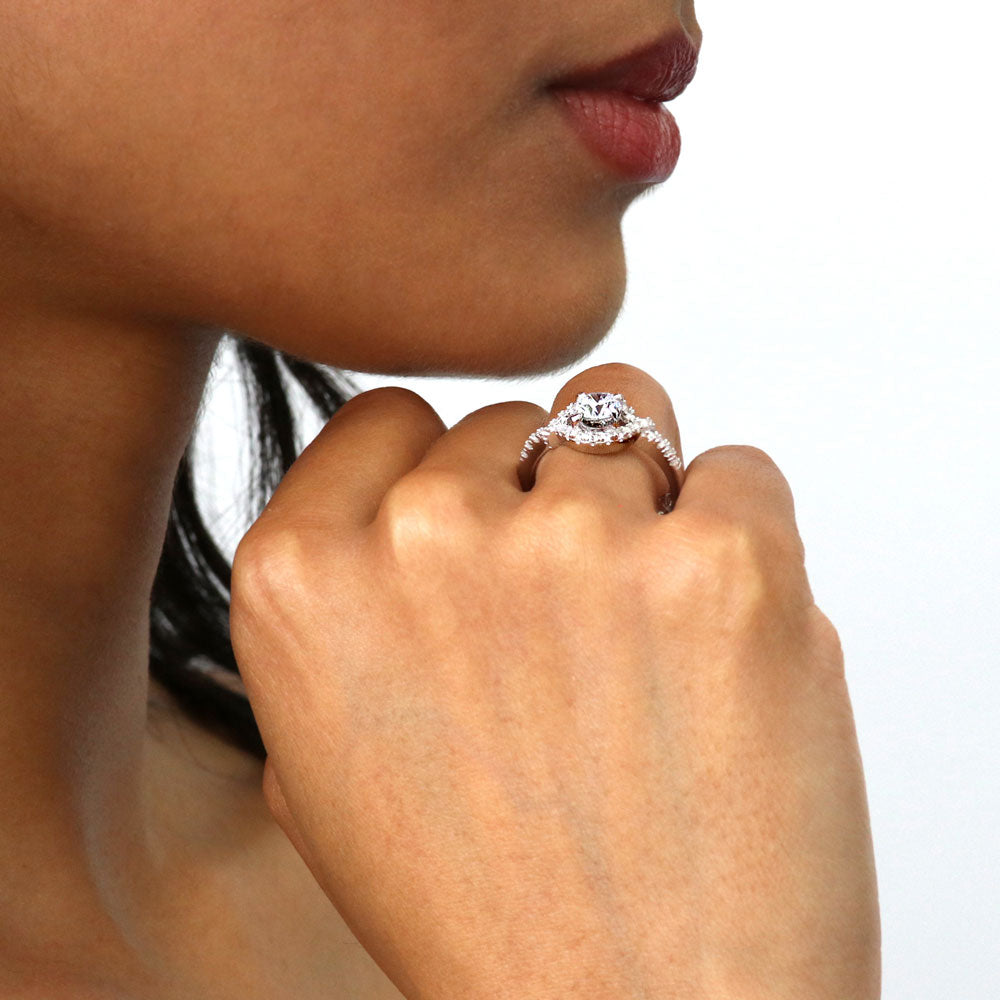 Model wearing Woven Halo CZ Ring in Sterling Silver