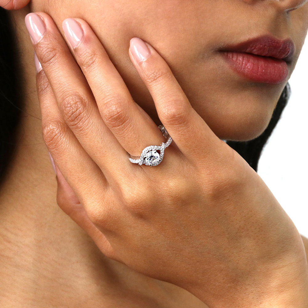 Model wearing Woven Halo CZ Ring in Sterling Silver