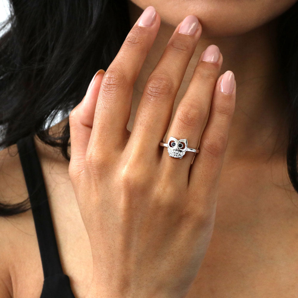 Model wearing Owl CZ Ring in Sterling Silver