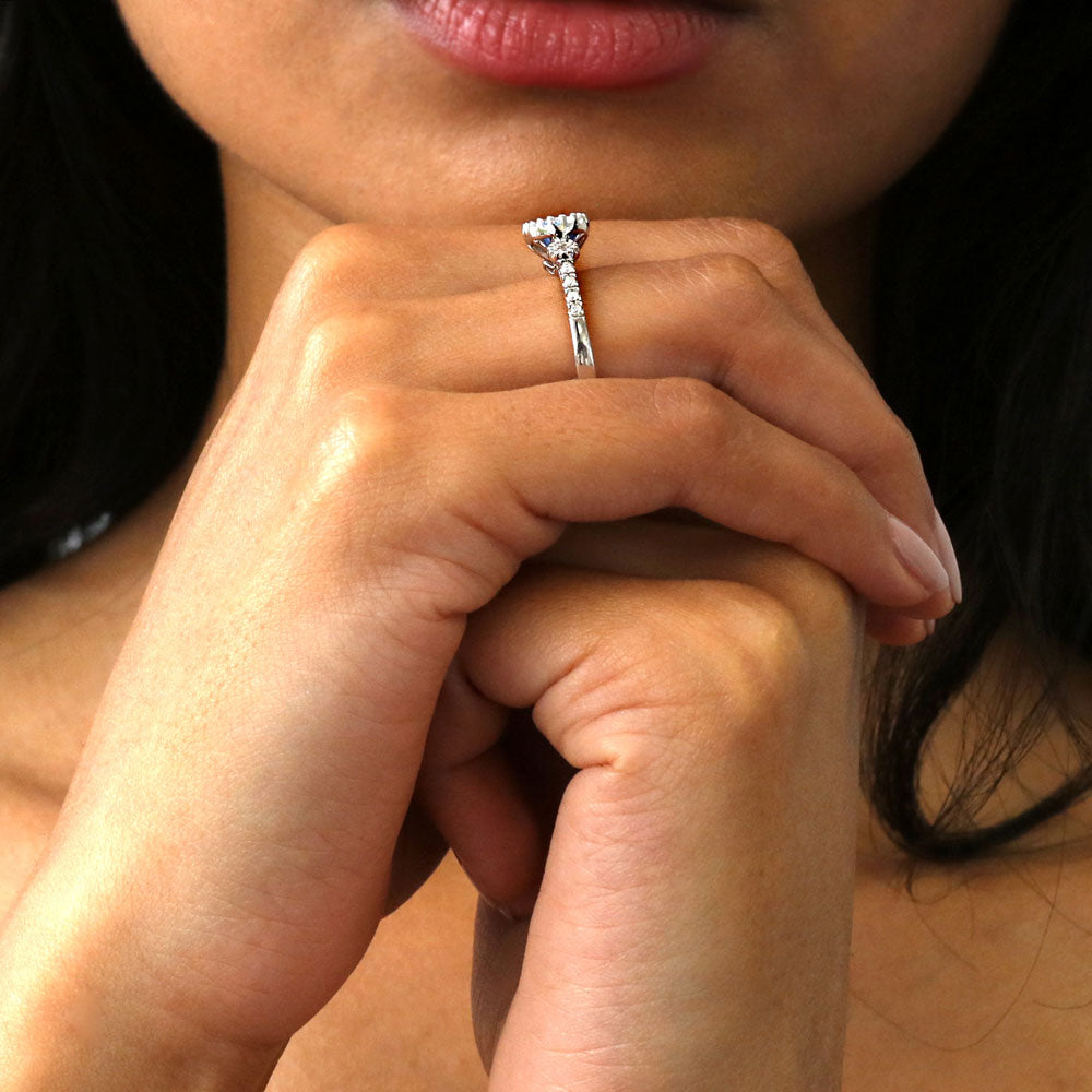 Model wearing 3-Stone Greyish Blue Oval CZ Ring in Sterling Silver, 7 of 9