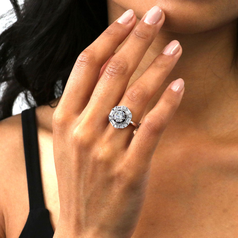 Model wearing Halo Cable Round CZ Ring in Sterling Silver
