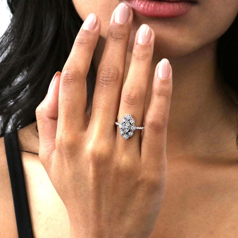 Model wearing Halo Navette Marquise CZ Ring in Sterling Silver