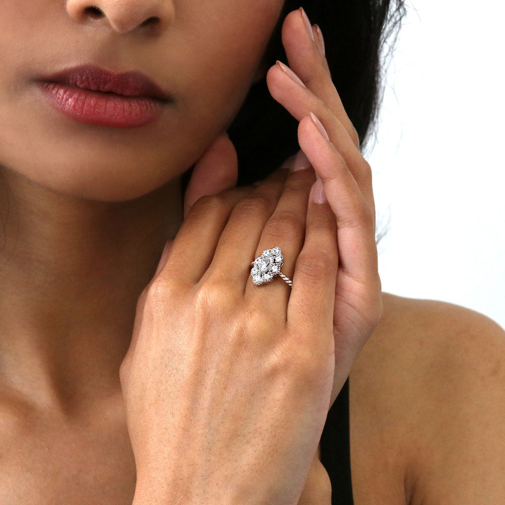 Model wearing Halo Navette Marquise CZ Ring in Sterling Silver