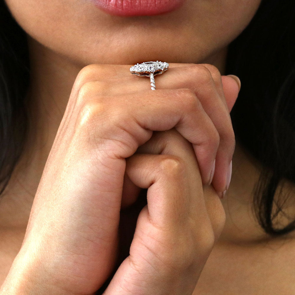 Model wearing Halo Navette Marquise CZ Ring in Sterling Silver, 7 of 9