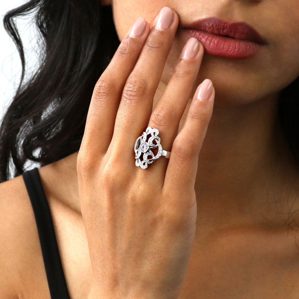 Model wearing Flower Art Deco CZ Statement Ring in Sterling Silver, 3 of 9