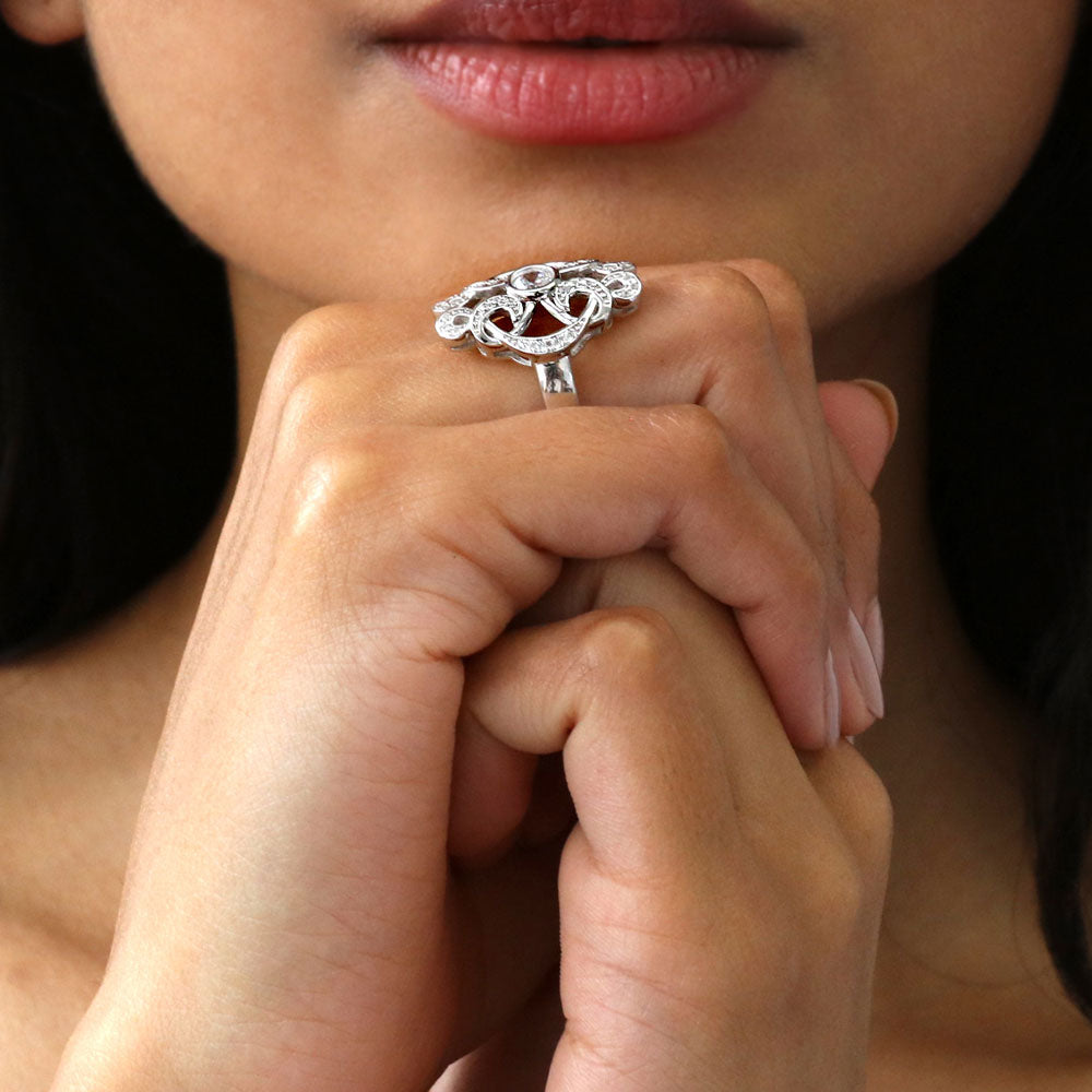 Model wearing Flower Art Deco CZ Statement Ring in Sterling Silver, 7 of 9