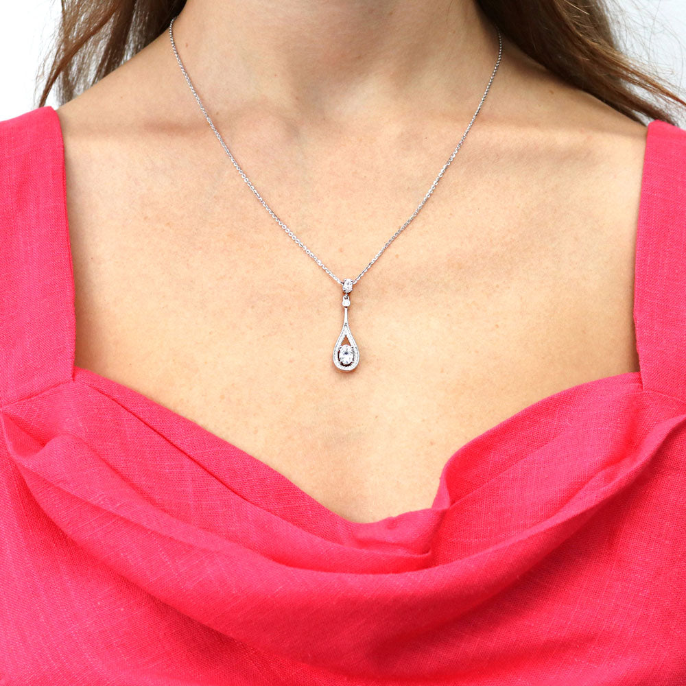 Model wearing Teardrop CZ Pendant Necklace in Sterling Silver