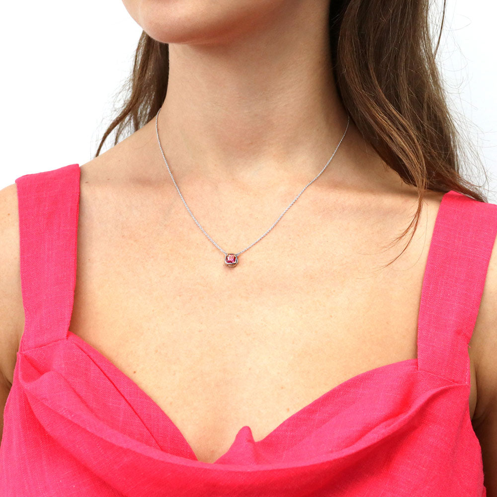 Model wearing Kaleidoscope Red Orange Bezel Set CZ Necklace in Sterling Silver