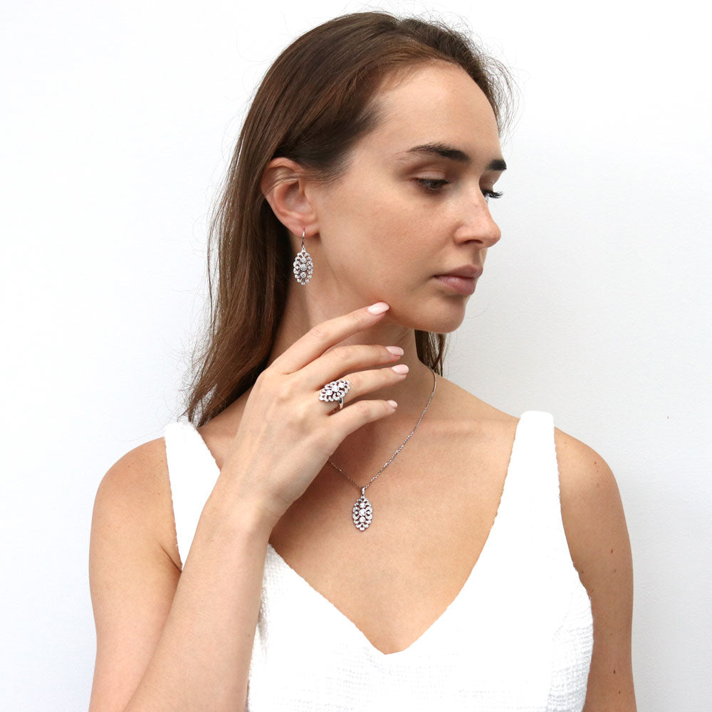 Model wearing Navette Art Deco CZ Necklace and Earrings Set in Sterling Silver, 7 of 13