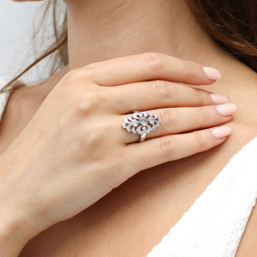 Model wearing Navette Art Deco CZ Statement Ring in Sterling Silver, 6 of 10