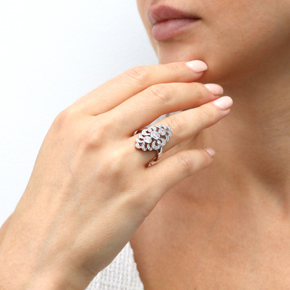 Model wearing Navette Art Deco CZ Statement Ring in Sterling Silver, 2 of 10
