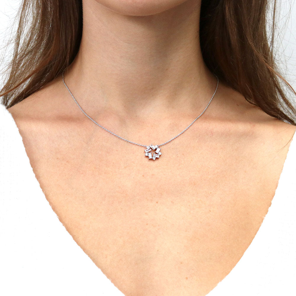 Model wearing Wreath CZ Pendant Necklace in Sterling Silver