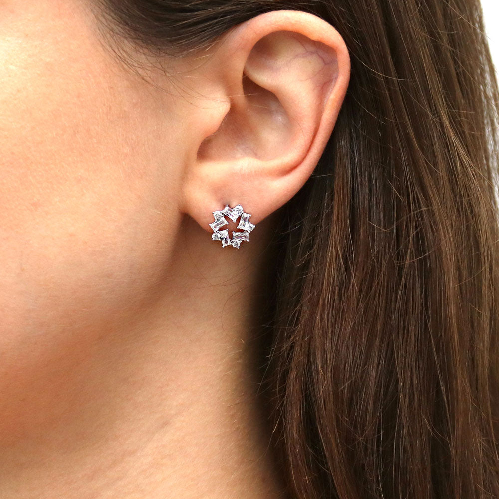 Model wearing Wreath CZ Stud Earrings in Sterling Silver