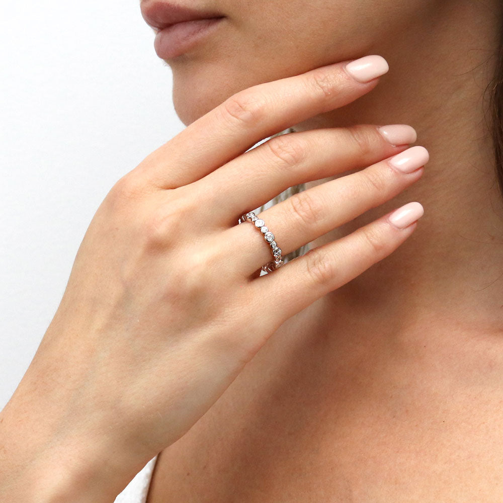 Model wearing Bubble Bezel Set CZ Eternity Ring in Sterling Silver