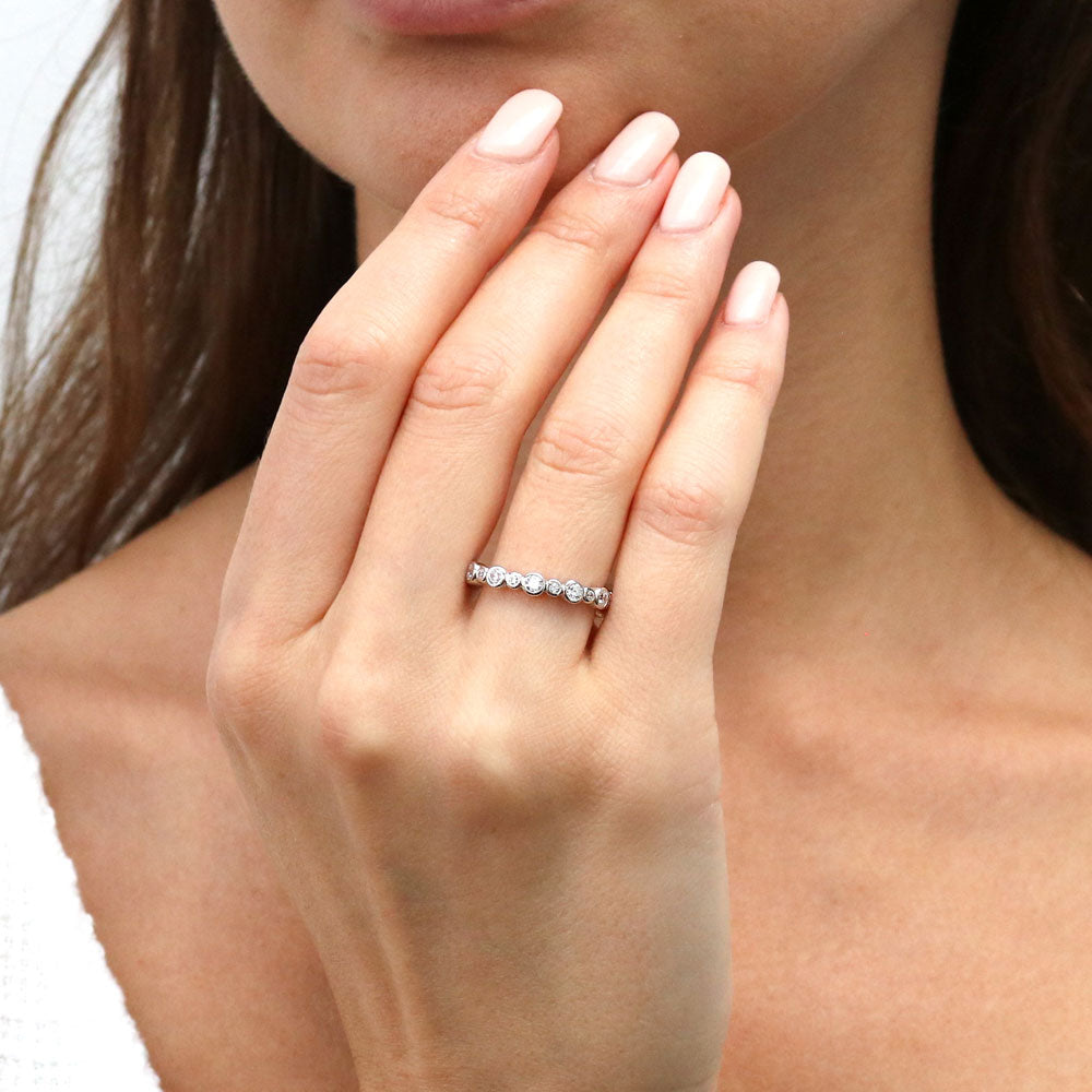 Model wearing Bubble Bezel Set CZ Eternity Ring in Sterling Silver