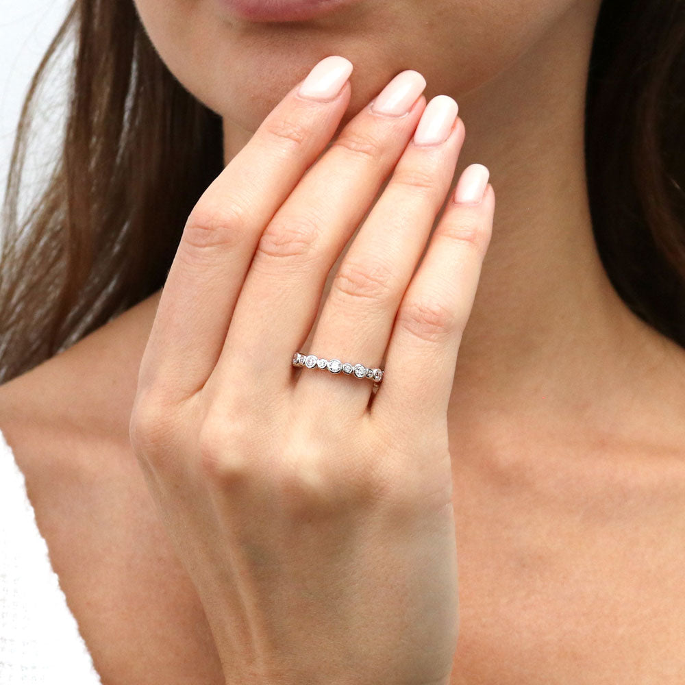 Model wearing Bubble Pave Set CZ Eternity Ring Set in Sterling Silver