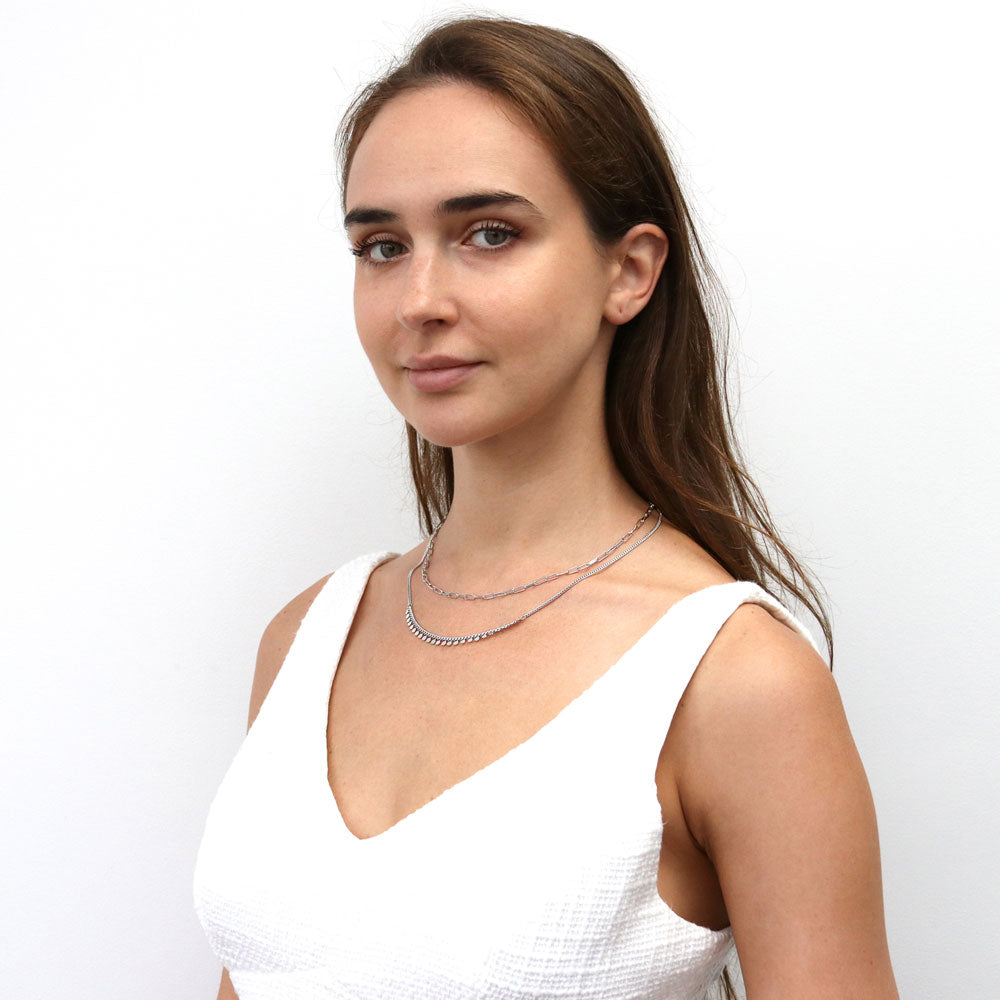 Model wearing Paperclip Imitation Pearl Chain Necklace in Silver-Tone, 2 Piece