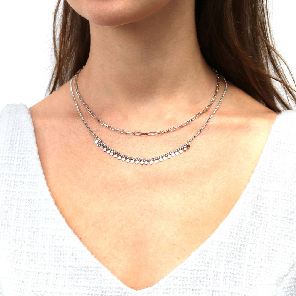 Model wearing Paperclip Disc Chain Necklace in Silver-Tone, 2 Piece, 2 of 15