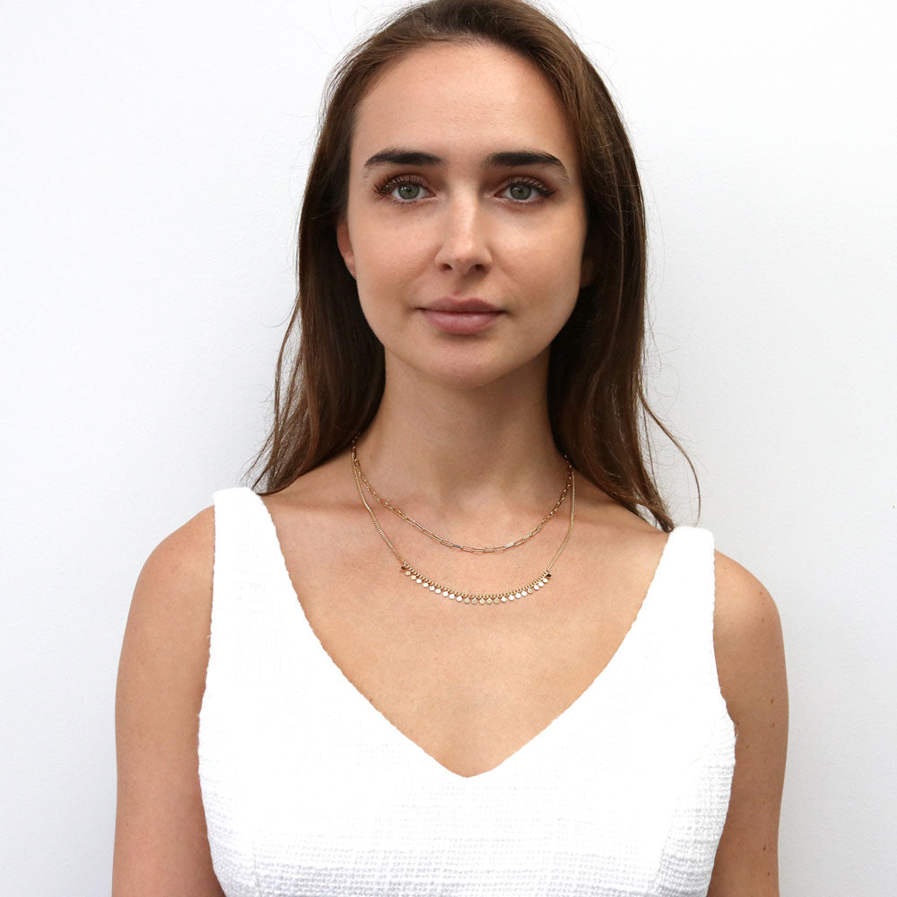 Model wearing Paperclip Heart Chain Necklace in Yellow Gold-Flashed, 2 Piece, 15 of 19