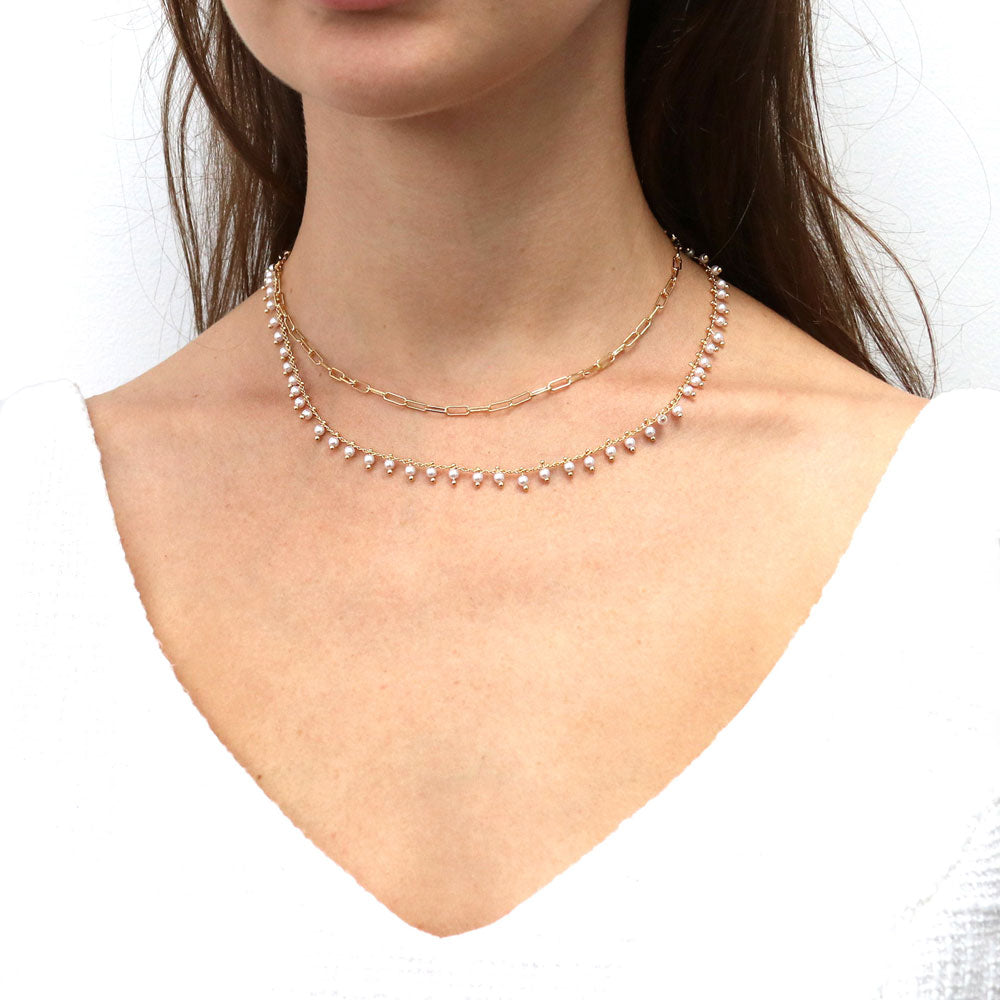 Model wearing Paperclip Bead Chain Necklace in Yellow Gold-Flashed, 2 Piece
