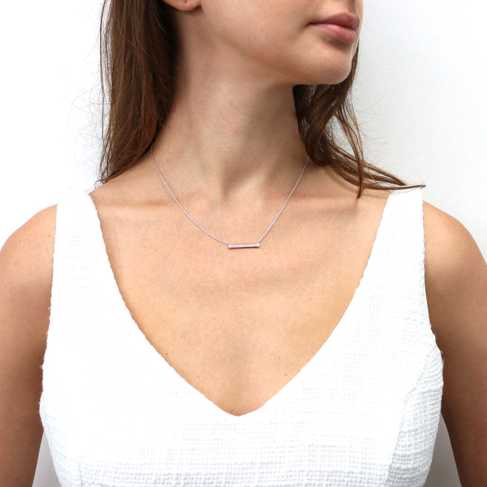 Model wearing Bar Cable Pendant Necklace in Sterling Silver
