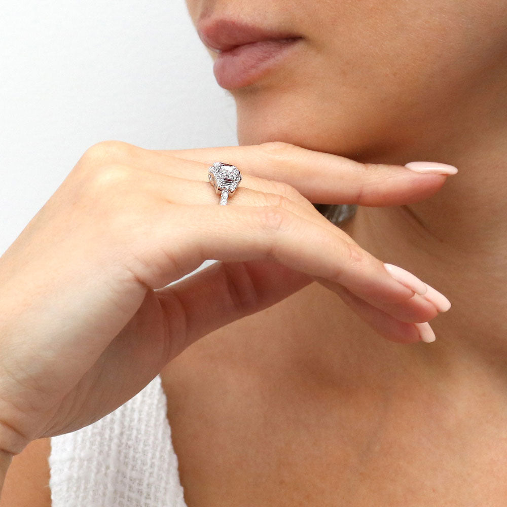 Model wearing 3-Stone Halo Cushion CZ Ring in Sterling Silver, 7 of 12