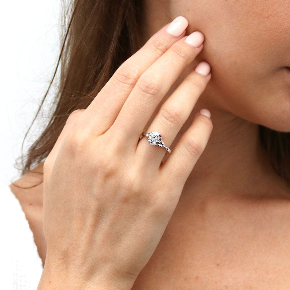 Model wearing Solitaire Flower 2ct Round CZ Ring in Sterling Silver, 5 of 9