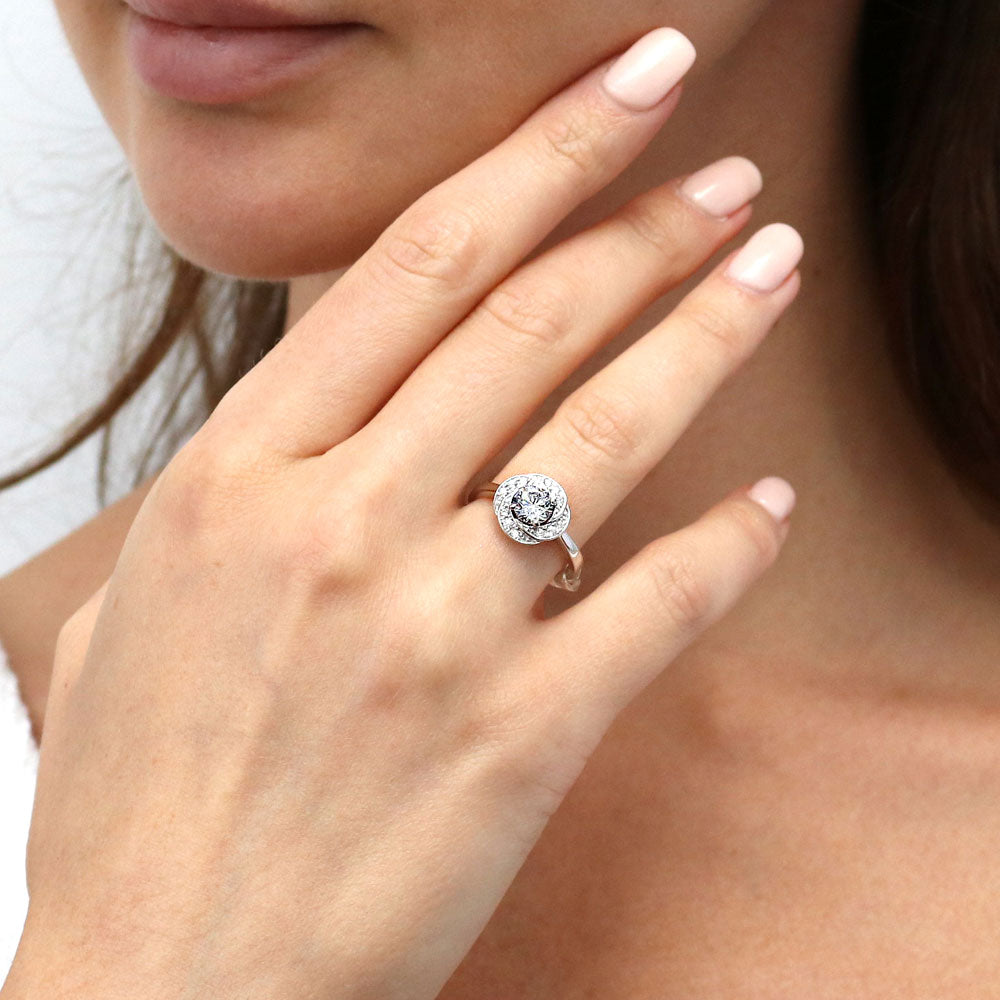 Model wearing Flower Woven CZ Ring in Sterling Silver