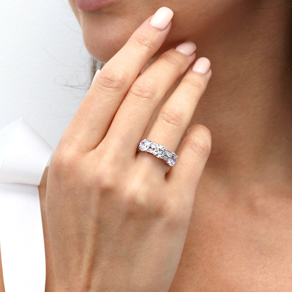 Model wearing 3-Stone Art Deco Round CZ Statement Ring in Sterling Silver