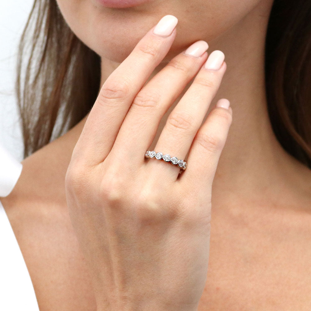 Model wearing Bubble Bezel Set CZ Eternity Ring in Sterling Silver