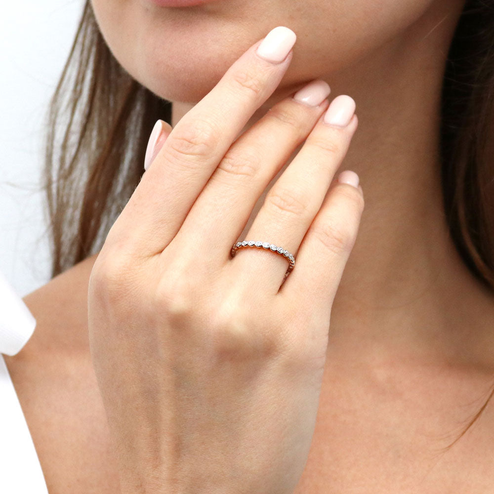 Model wearing Woven Bubble Pave Set CZ Eternity Ring Set in Sterling Silver