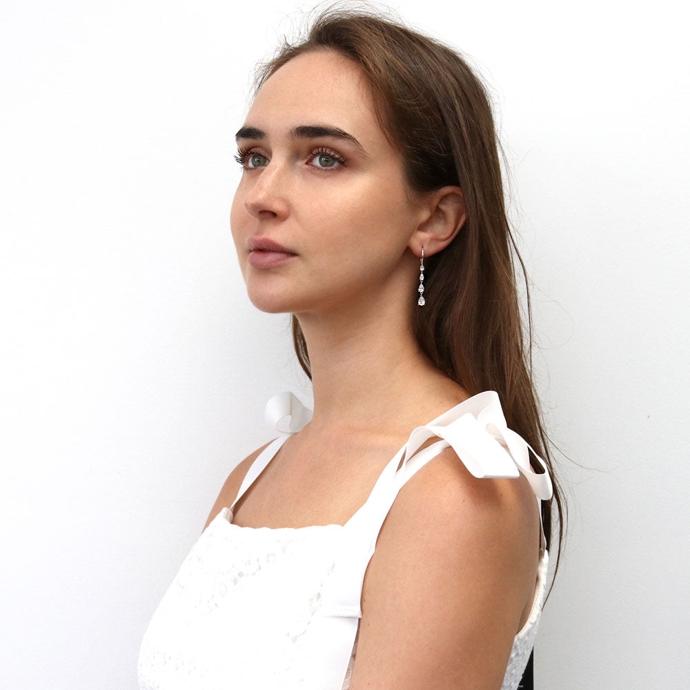 Graduated Teardrop CZ Leverback Chandelier Earrings in Sterling Silver