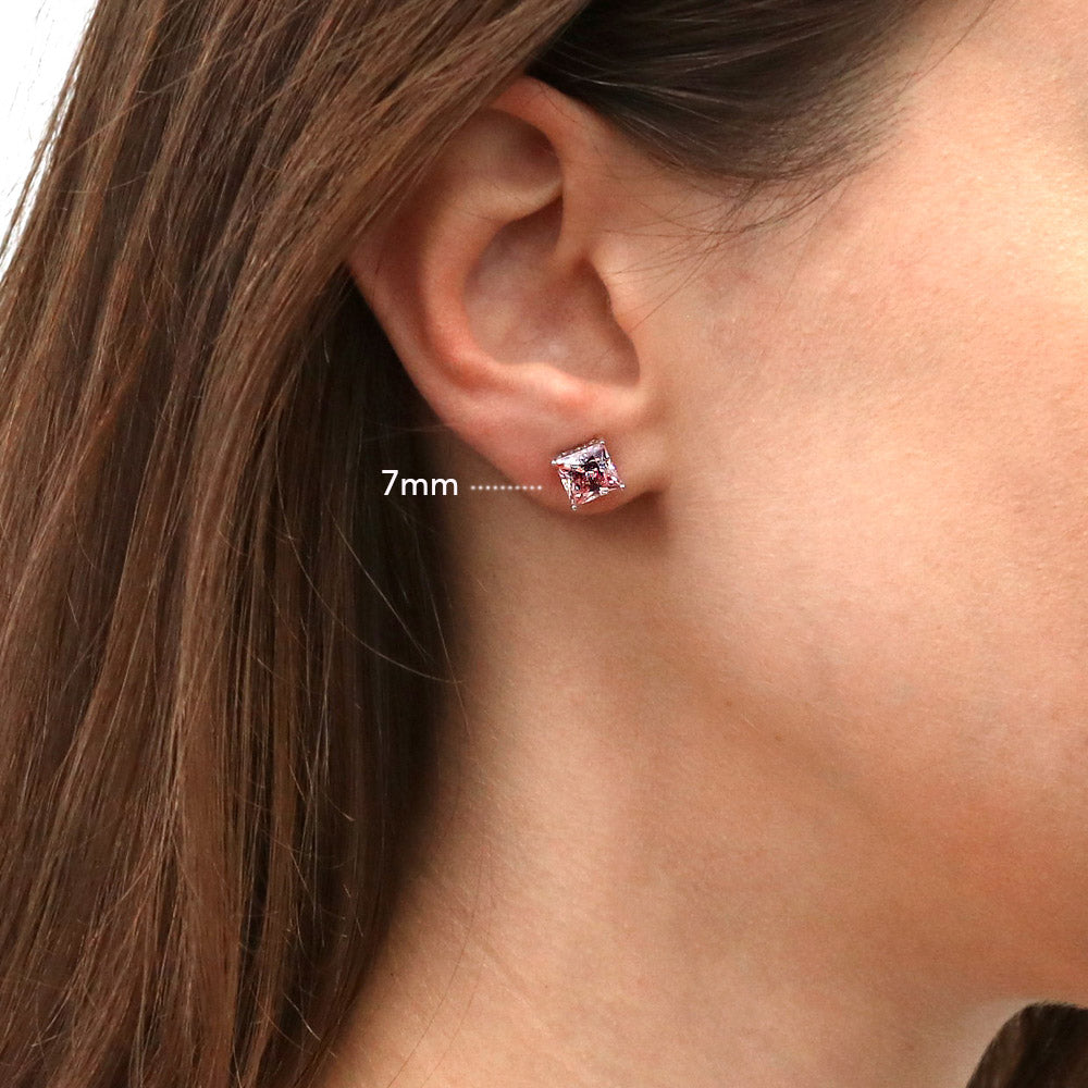 Solitaire Morganite Color Princess CZ Stud Earrings in Sterling Silver