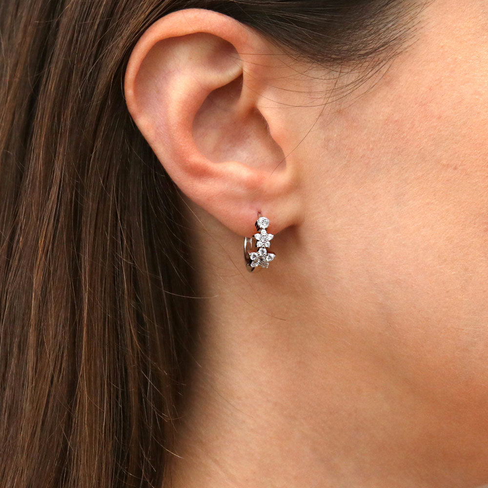 Model wearing Star CZ Medium Hoop Earrings in Sterling Silver 0.63 inch