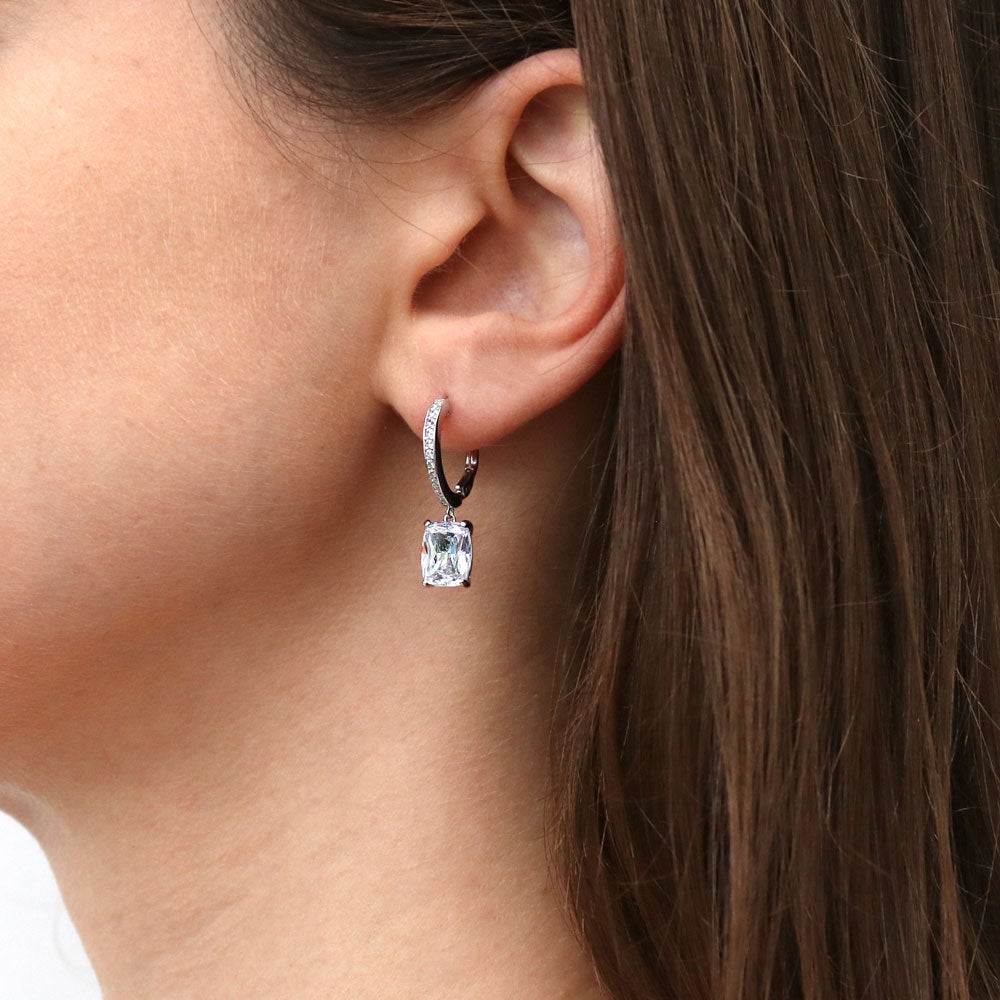 Model wearing CZ Leverback Dangle Earrings in Sterling Silver