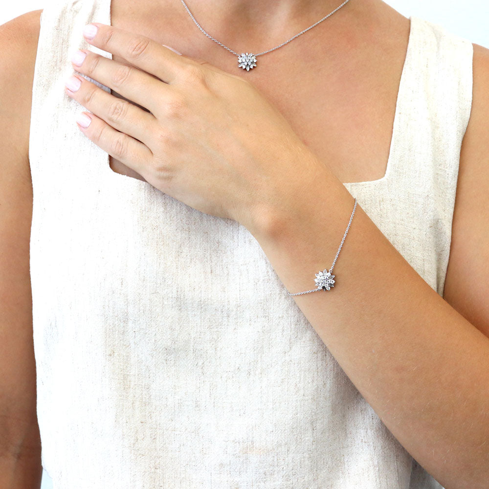 Model wearing Flower CZ Chain Bracelet in Sterling Silver