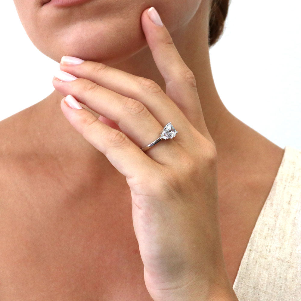 Model wearing 3-Stone Cushion CZ Ring in Sterling Silver