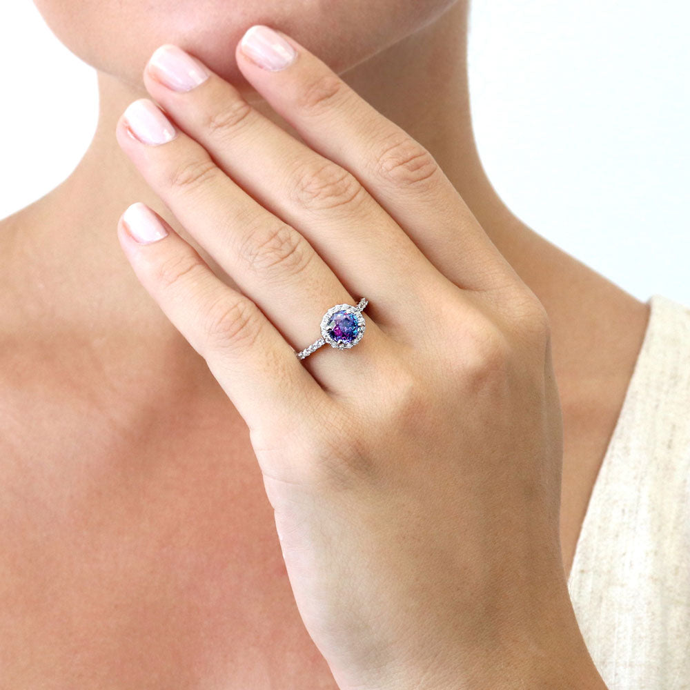Model wearing Halo Kaleidoscope Purple Aqua Round CZ Ring in Sterling Silver