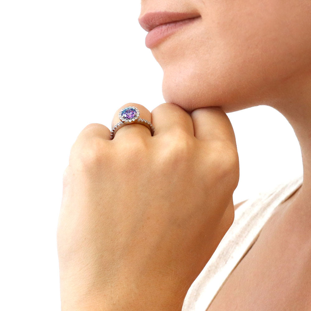 Halo Kaleidoscope Purple Aqua CZ Ring in Sterling Silver