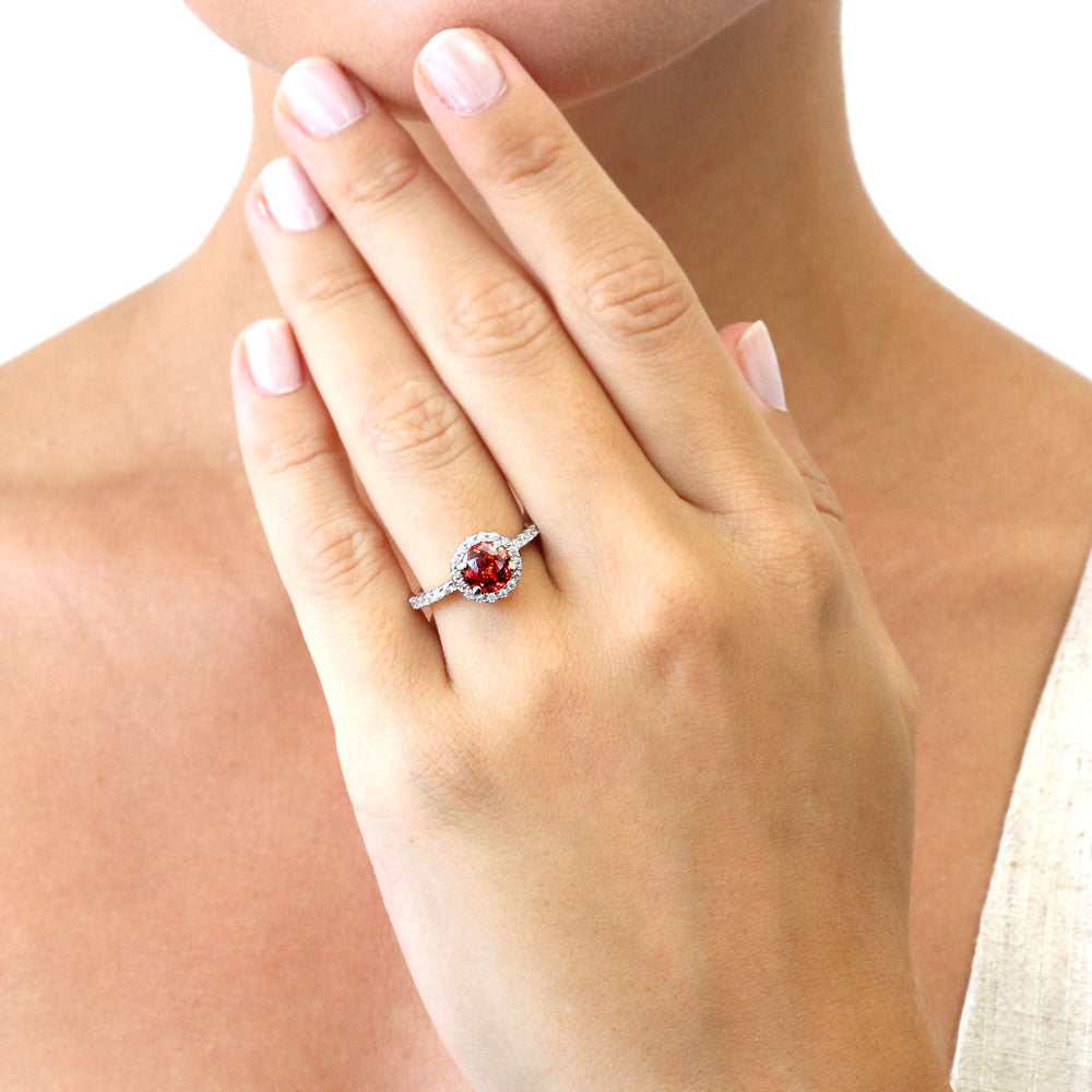 Model wearing Halo Kaleidoscope Red Orange Round CZ Ring in Sterling Silver