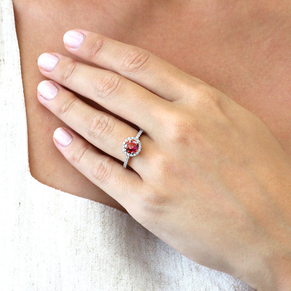 Model wearing Halo Kaleidoscope Red Orange Round CZ Ring in Sterling Silver