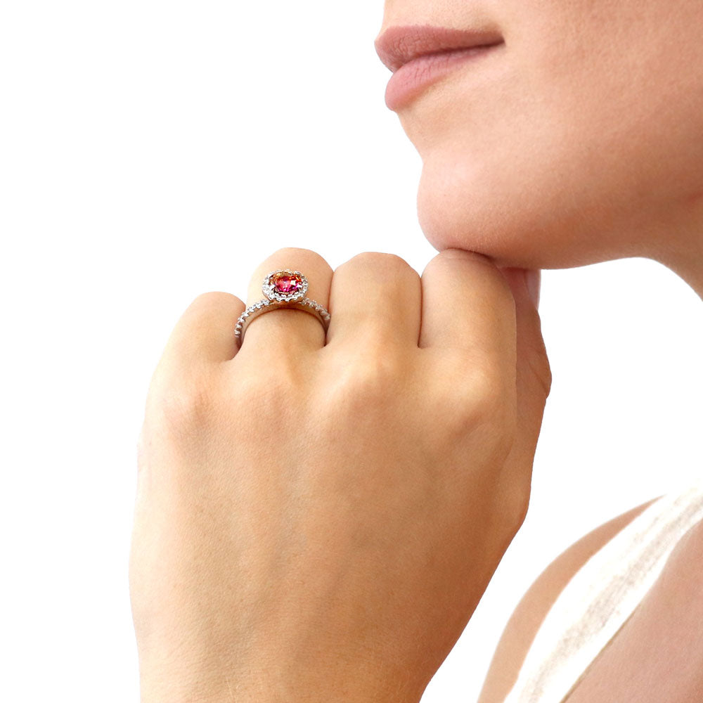 Model wearing Halo Kaleidoscope Red Orange Round CZ Ring in Sterling Silver