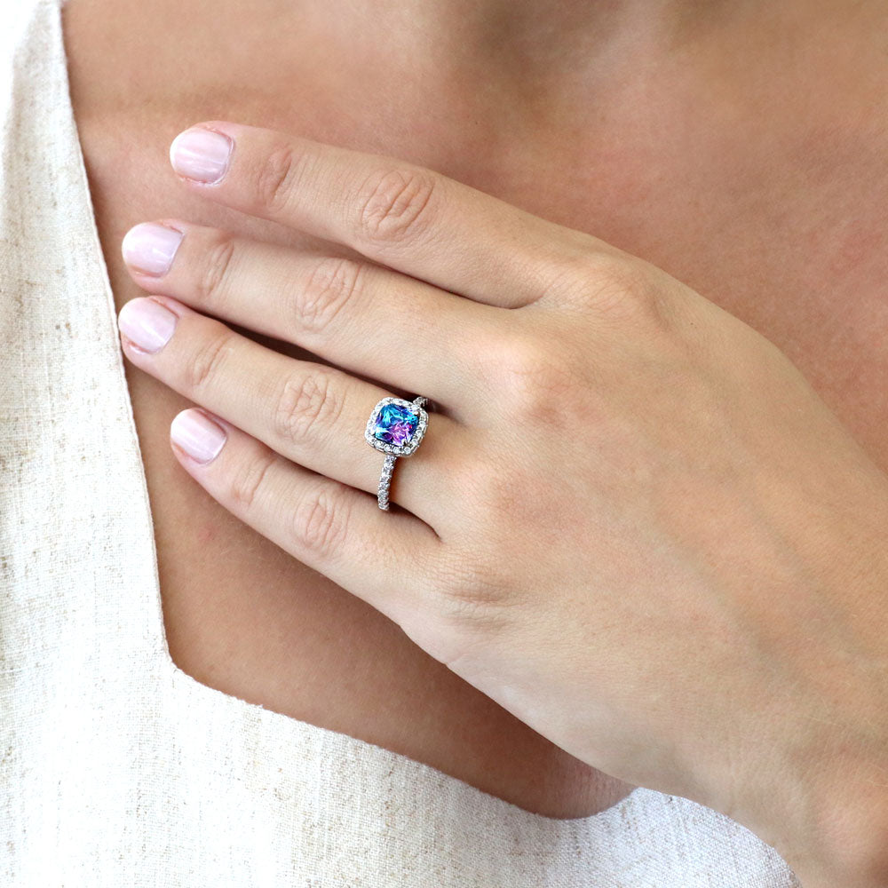 Halo Kaleidoscope Purple Aqua Cushion CZ Ring in Sterling Silver