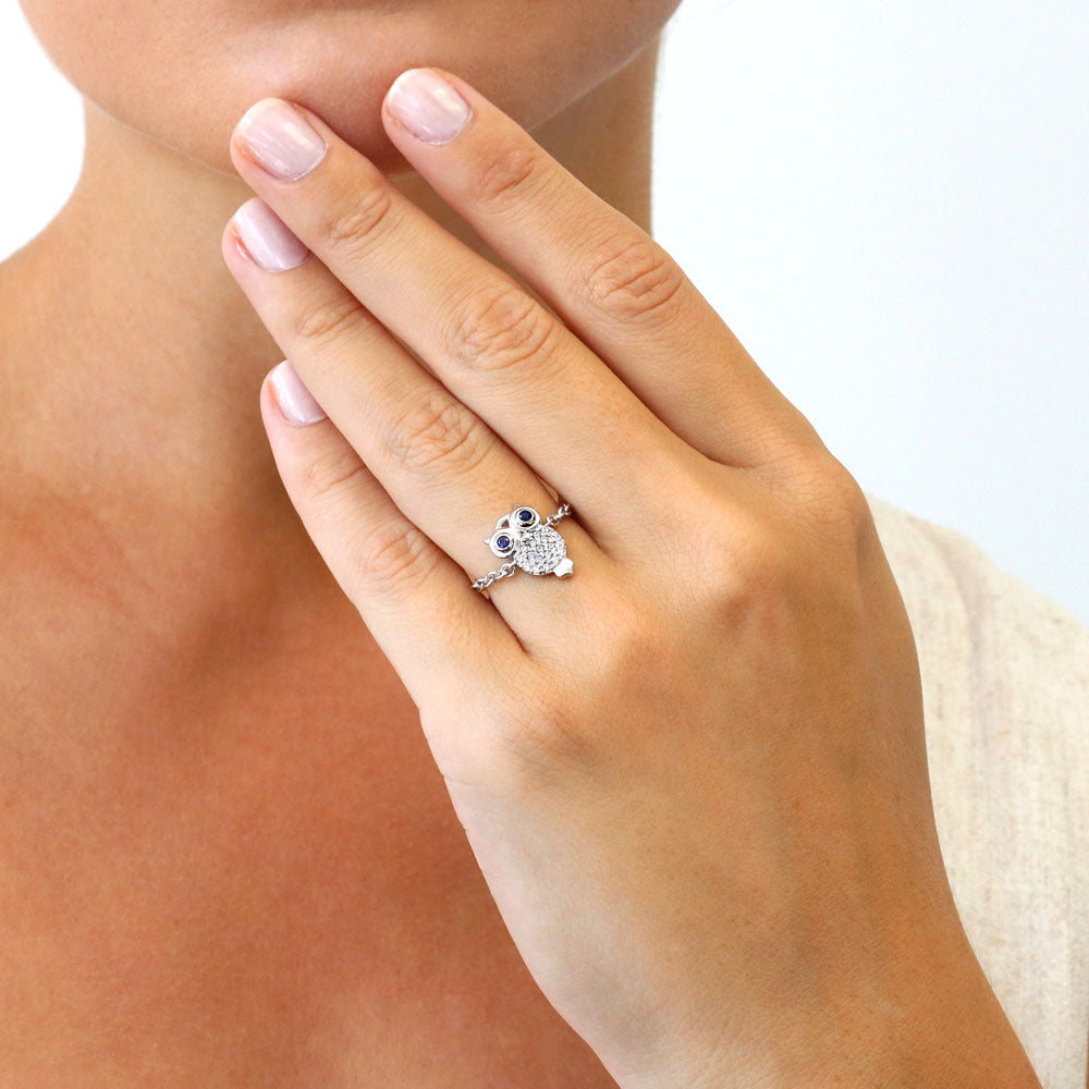 Model wearing Owl CZ Chain Ring in Sterling Silver