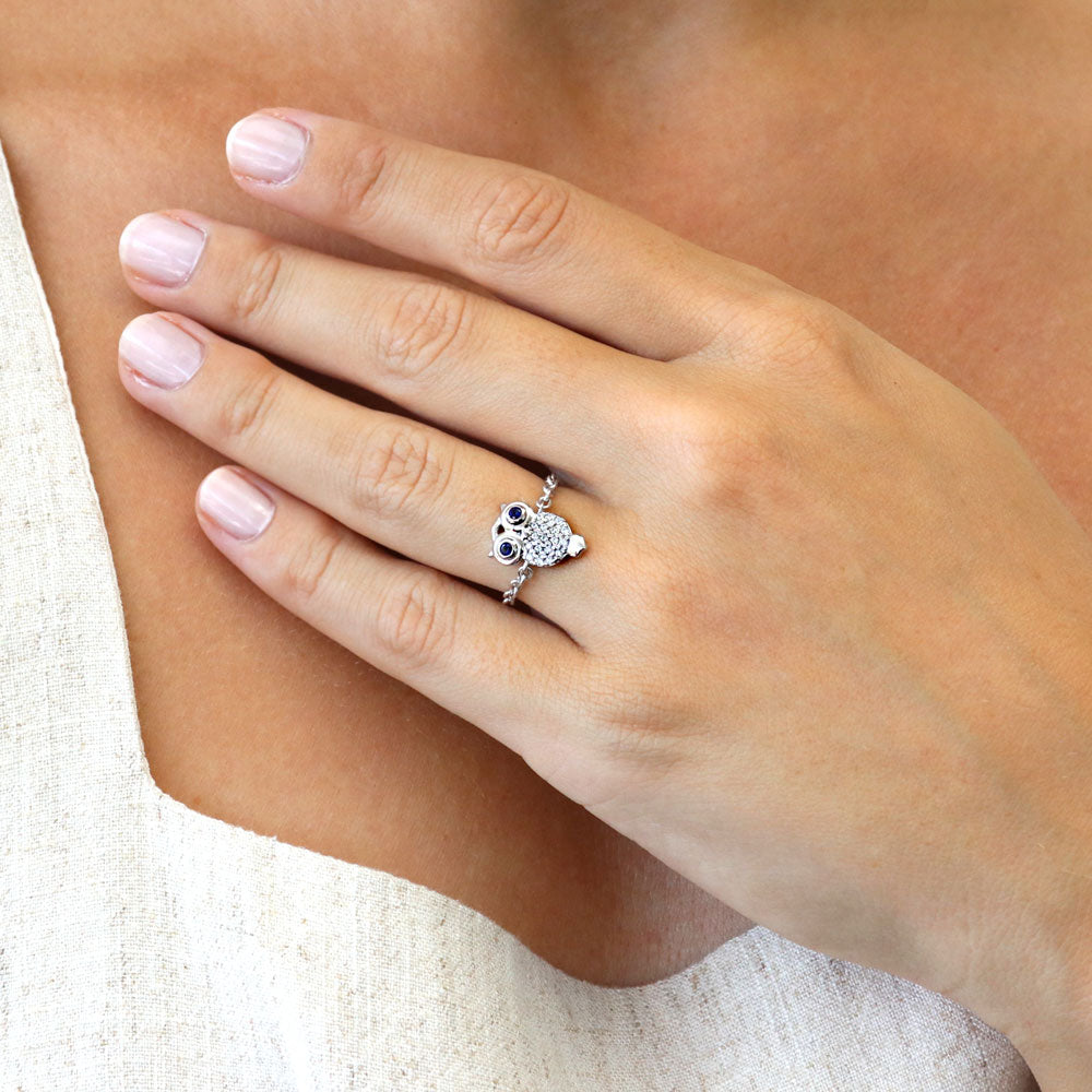 Model wearing Owl CZ Chain Ring in Sterling Silver